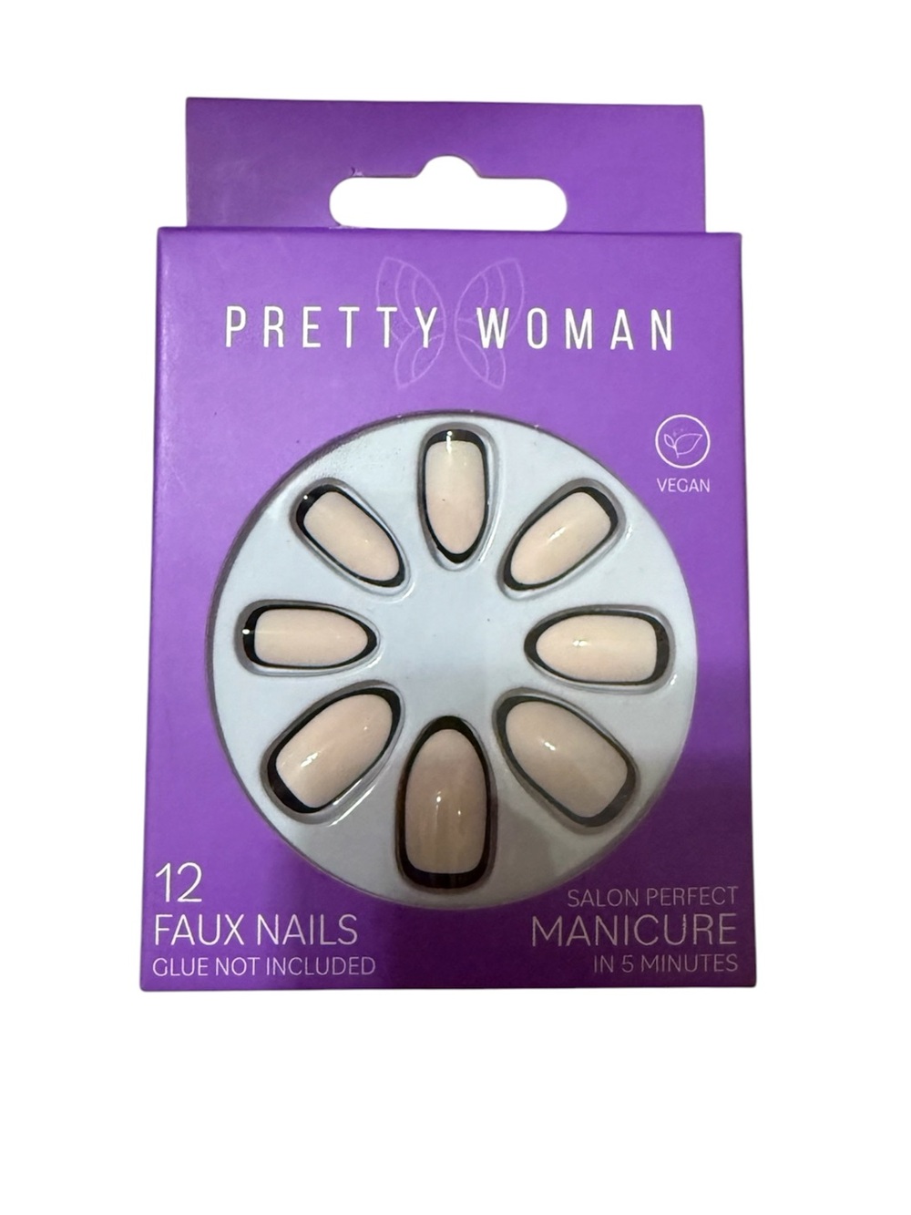 Pretty Woman Oval Nude Black Outline Press On Nails Vegan 12 Count New